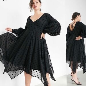 ASOS Curve Black Polka Dot V-Neck Handkerchief Hem Dress